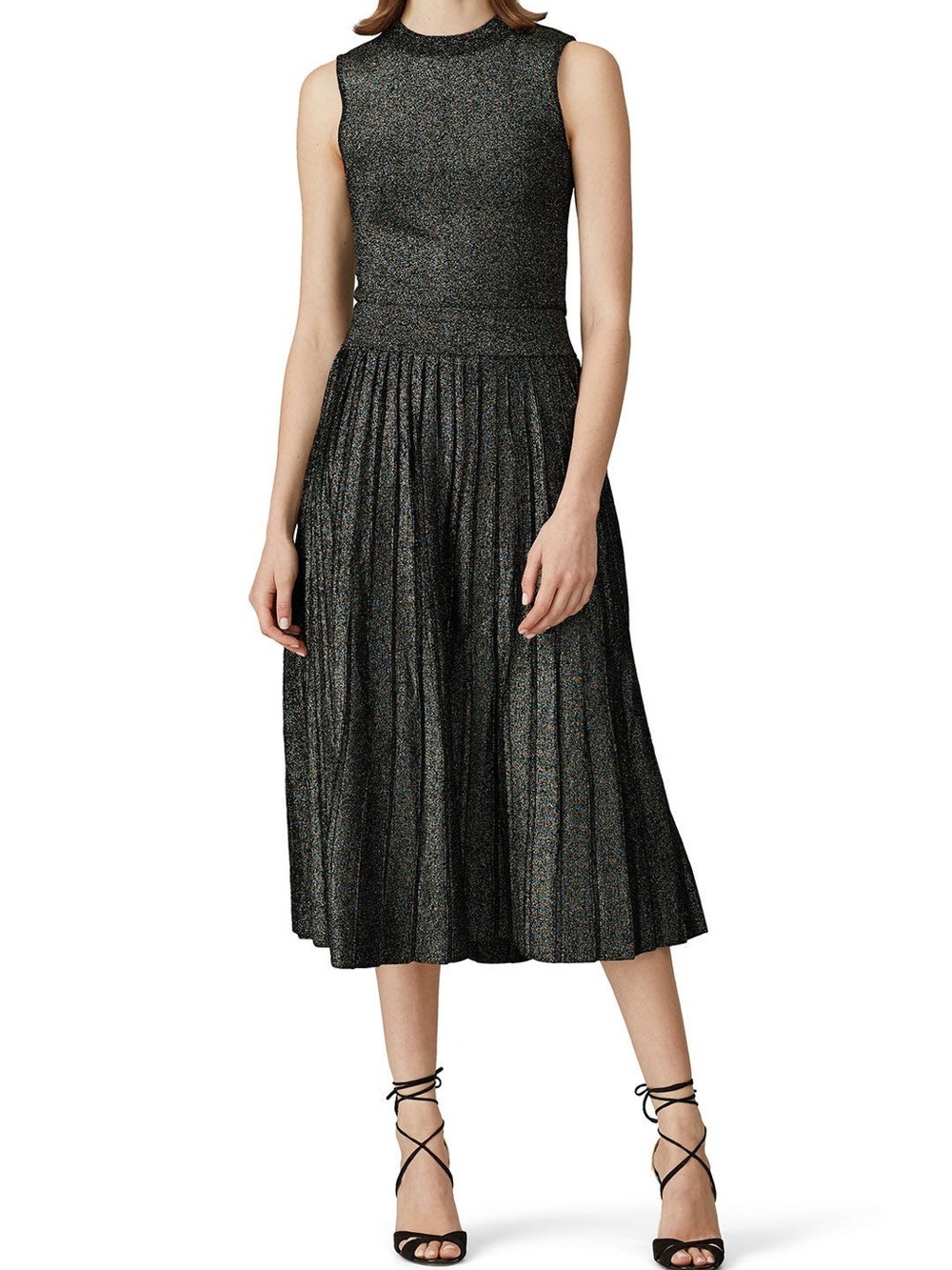 A.L.C. Nevada Black Knit A-Line Metallic Gunmetal Pleated Midi Skirt Size Large